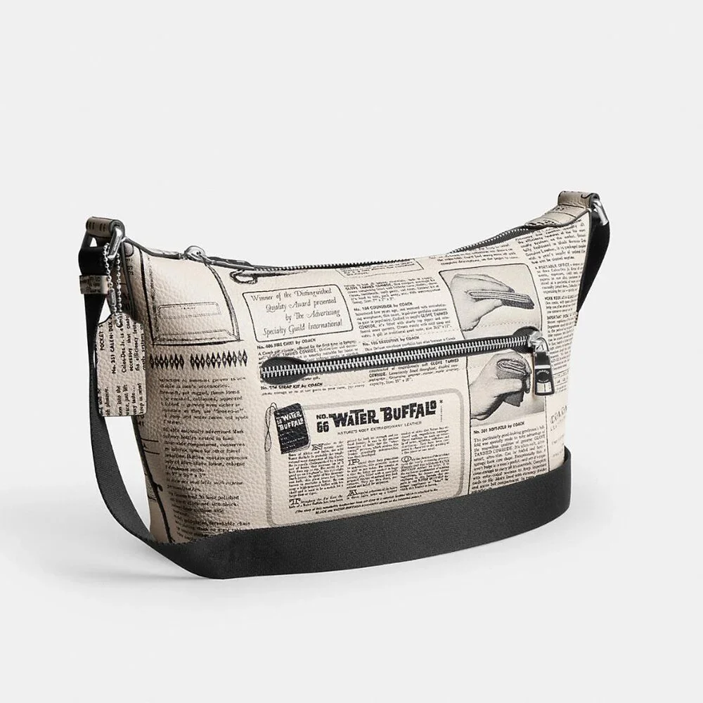 Coach Newspaper Print Shoulder Bag in Cream and Black - Picture 2 of 14